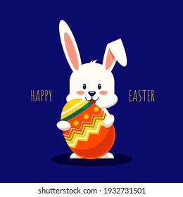 Happy easter day decorative with rabbit and fancy egg flat design style, vector illustration