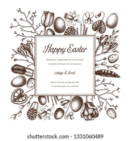 Happy Easter Day design. Abstract trendy elements for banner design, greeting card or invitation. Hand drawn spring illustrations. Vintage template isolated on white background. Floral art.