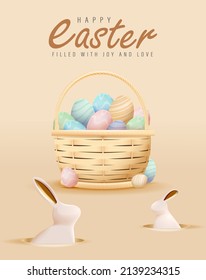 Happy Easter Day Design with Colorful Painted Realistic Eggs in Basket in Pastel Color Background. Cute Bunny in Hole. Web poster, flyer cover, stylish brochure, greeting card. Vector Illustration