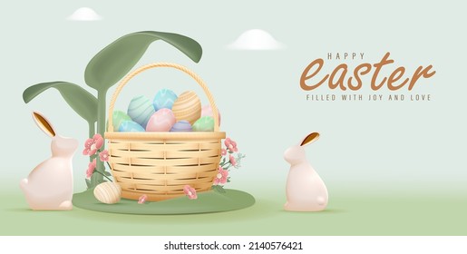 Feliz diseño del Día de Pascua con huevos realistas pintados de colores en cesta con fondo de color pastel. Concepto del partido Huevo Hunt en la ilustración de vectores al aire libre