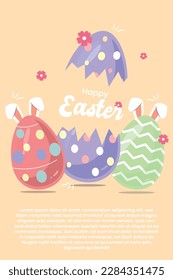 Happy Easter Day Design with Colorful Painted Realistic Eggs and Cute Bunny Vector Illustration. Easter sunday concept design. Egg vector illustration isolated in cream background.