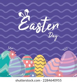 Happy Easter Day Design with Colorful Painted Realistic Eggs in Basket in Pastel Color Background. art, background, banner, bunny, card, cartoon, celebration, character, christ, color, colorful, comic