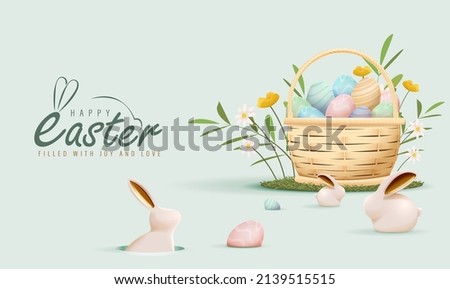 Happy Easter Day Design with Colorful Painted Realistic Eggs in Basket and Cute Bunny Holding Egg Vector Illustration. Egg Hunt Party Concept. Suitable for Poster Banner Flyer and Brochure Template