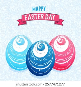 Happy Easter Day , Easter Day design with Cute Three Decorated Eggs and Pattern Based Background