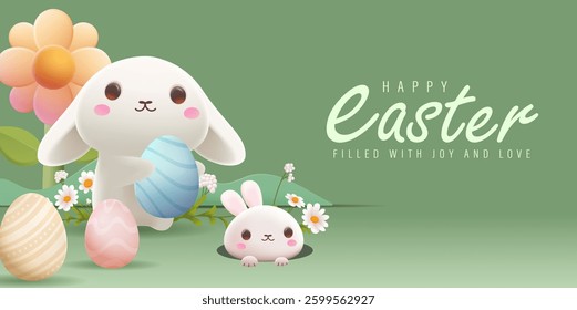 Happy Easter Day Design with Cute Bunny Vector Illustration. Egg Hunt Party Concept. Suitable for Poster Banner Flyer and Brochure Template	