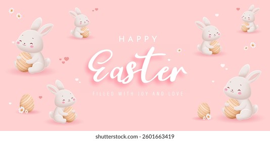 Happy Easter Day Design with Cute Bunny Vector Illustration. Egg Hunt Party Concept. Suitable for Poster Banner Flyer and Brochure Template	