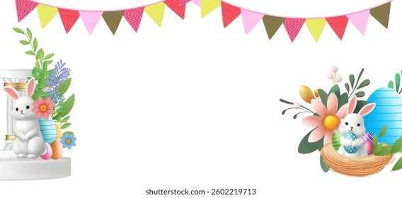 Happy Easter Day Design with Cute Bunny Vector Illustration
