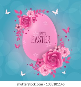 Happy Easter day design with frame egg and flowers.