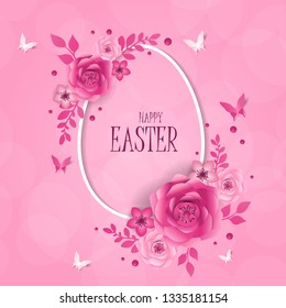 Happy Easter day design with frame egg and flowers.