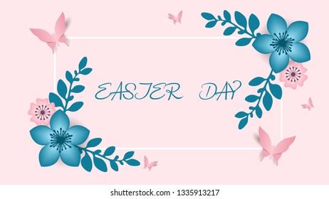 Happy Easter day design with frame egg and flowers.
