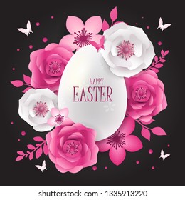 Happy Easter day design with frame egg and flowers.