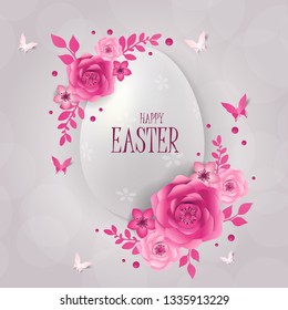 Happy Easter day design with frame egg and flowers.