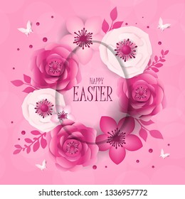 Happy Easter day design with frame egg and flowers.