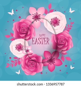 Happy Easter day design with frame egg and flowers.