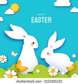 Tarjeta de felicitaciones por el diseño del Día de Pascua feliz con conejos blancos en forma de corte de papel. Conejo con flores y mariposa. Vacaciones de primavera de estilo moderno. Caza de huevos de Pascua con caza de huevos. Escena de primavera.
