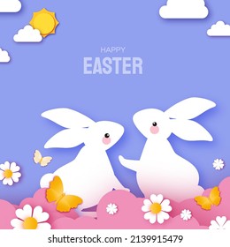 Happy Easter Day design greetings card with Cute white rabbits in paper cut style. Bunny with flowers and butterfly. Spring holidays in modern style. Easter Egg Hunt with egg hunt. Spring scene.