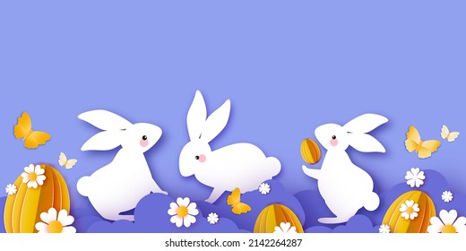 Happy Easter Day design greetings card with Cute white rabbits in paper cut style. Bunny with flowers and butterfly. Spring holidays in modern style. Easter Egg Hunt with egg hunt. Spring scene.