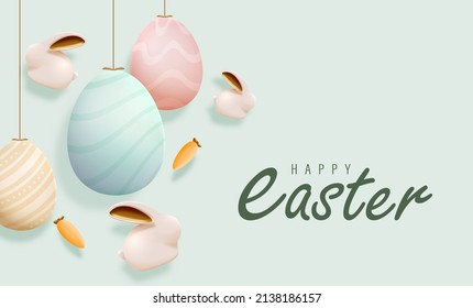 Happy Easter Day Design with Hanging Realistic Eggs, Cute Bunny and Carrot in Blue Pastel Color Background. Banner, web poster, flyer cover, stylish brochure, greeting card. Vector Illustration