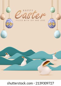 Happy Easter Day Design with Hanging Colorful Painted Realistic Eggs and Cute Bunny Vector Illustration. Egg Hunt Party Concept. Suitable for Poster Banner Flyer and Brochure Template