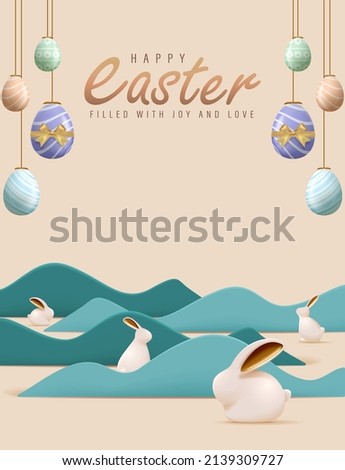 Happy Easter Day Design with Hanging Colorful Painted Realistic Eggs and Cute Bunny Vector Illustration. Egg Hunt Party Concept. Suitable for Poster Banner Flyer and Brochure Template