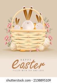 Feliz diseño del Día de Pascua con huevos realistas y conejito lindo con fondo de color pastel. Conejito en cesta con zanjas. Afiche web, portada de volante, folleto elegante, tarjeta de saludo. Ilustración vectorial