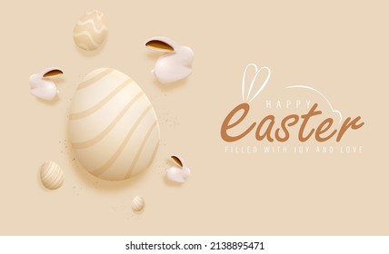 Happy Easter Day Design with Realistic Eggs and Cute Bunny in Pastel Color Background. Banner, web poster, flyer cover, stylish brochure, greeting card. Vector Illustration
