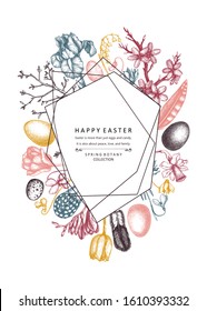 Happy Easter Day design. Spring banner, greeting card or invitation with trendy floral elements. Hand drawn spring illustrations. Vintage Easter template isolated on white background. Floral art.