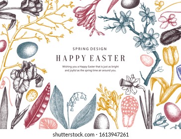 Happy Easter Day design. Spring banner, greeting card or invitation with trendy floral elements. Hand drawn spring illustrations. Vintage Easter template isolated on white background. Floral art.
