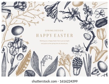 Happy Easter Day design. Spring banner, greeting card or invitation with trendy floral elements. Hand drawn spring illustrations. Vintage Easter template isolated on white background. Floral art.