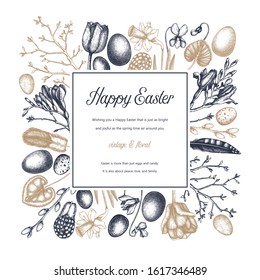 Happy Easter Day design. Spring banner, greeting card or invitation with trendy floral elements. Hand drawn spring illustrations. Vintage Easter template isolated on white background. Floral art.