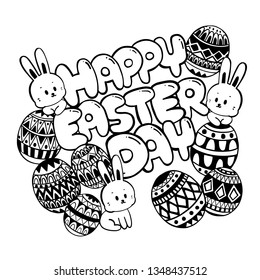Happy Easter day Doodle. Easter day with cute bunny and eggs.