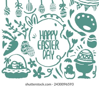 Happy Easter Day doodle, hand drawn with crayon. Egg pattern 
easter background pattern Vector illustration. Dark green layout draw with set of traditional Easter. rabbits, paint, carrots, spring, 