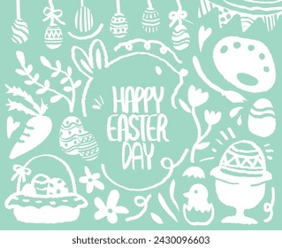 Feliz Día de Pascua garabato, dibujado a mano con crayón. Patrón de huevo 
Ilustración de vector de patrón de fondo de color verde azul de Pascua. Conjunto de Pascua tradicional. conejos, pintura, zanahorias, primavera, cesta, sauce