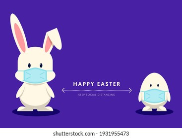 Happy easter day during COVID-19 pandemic situation and social distancing concept flat design style decorative with rabbit and egg character wearing face mask, vector illustration