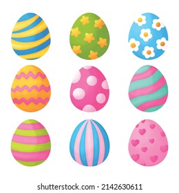 feliz colección de huevos del día de Pascua aislada en un fondo rosado. Ilustración vectorial.