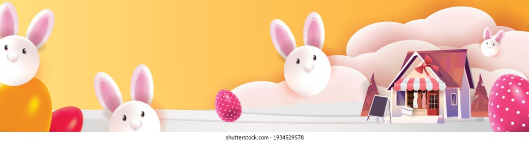 happy easter day and easter egg cute bunny cartoon snow ball for page banner art spring season brochure on april with colorful background vectur illustation.