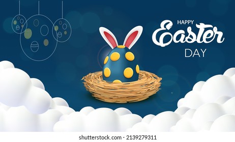 Happy Easter Day Easter Egg On The Nest. Poster And Banner Template With Easter Egg Background. Backdrop For Blue And White Sky