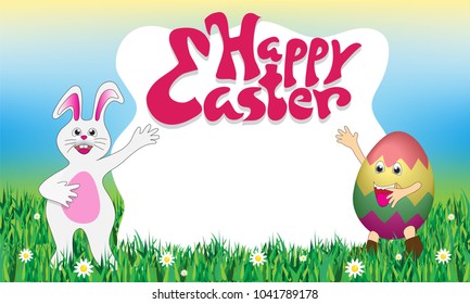 The happy Easter day, egg and rabbit poster. (vector)