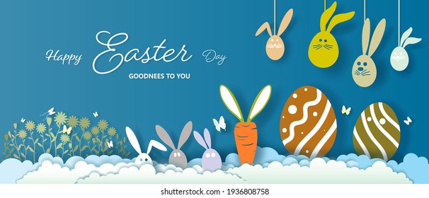 Happy easter day egg and easter rabbit with butterfly with cute. Poster invitation card background in paper art, paper cut and origami style. Vector illustration easter egg and bunny.