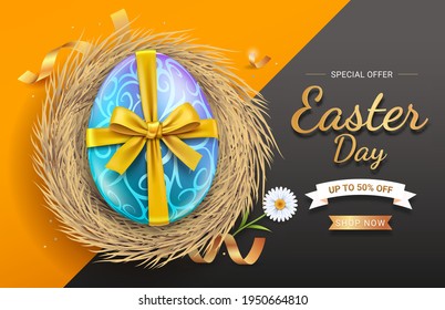 Happy easter day easter eggs blue color with gold ribbon on egg nest. Vector illustrations.