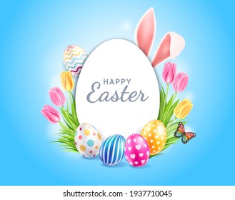 Happy easter day easter eggs colorful different and patterns texture  and rabbit ears with tulips flower and butterfly on blue color background. Vector illustrations.
