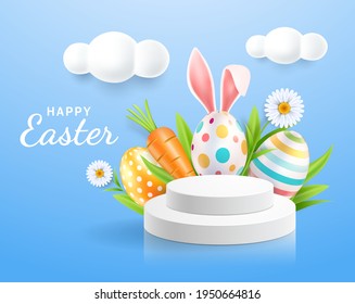 Happy easter day easter eggs colorful different and patterns texture  and rabbit ears with display stand podium and daisies flower on blue color background. Vector illustrations.