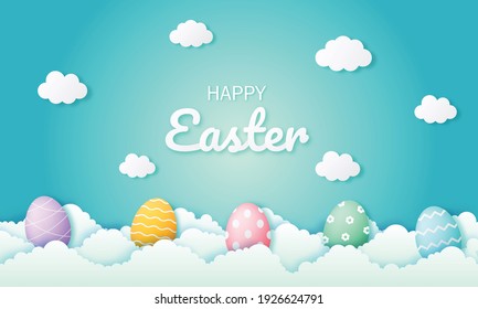 happy easter day eggs on blue background. paper art style. vector Illustration.