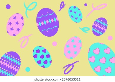 Happy Easter Day; eggs and rabbits in pastel colors 