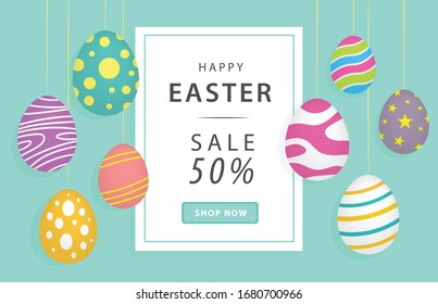 Happy Easter Day eggs sweet and kid style on blue background. Poster vector illustration. Place for your text. Invitation vector illustration card and sale.