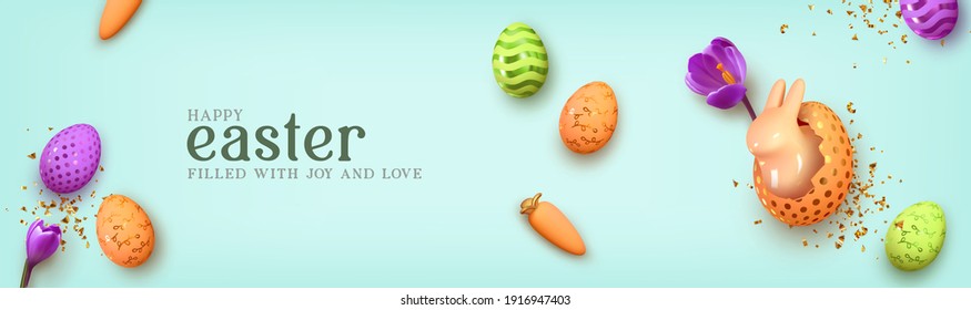 Happy Easter day. Festive background design with realistic colorful eggs, easter bunny, rabbit in an egg. Gold glitter confetti. Holiday web banner. Horizontal blue poster, headers for website