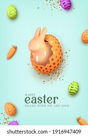 Happy Easter day. Festive background design with realistic colorful eggs, easter bunny, rabbit in an egg. Gold glitter confetti. Holiday Banner and web poster, flyer and brochure. Vector illustration