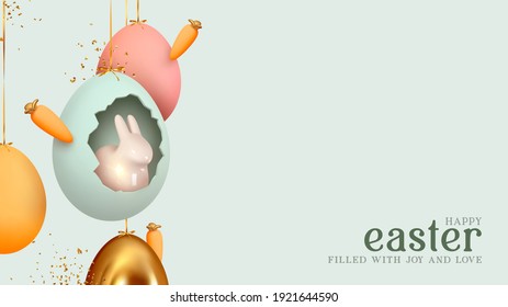 Happy Easter day. Festive background design with realistic colorful eggs, easter bunny, rabbit in an egg hanging on ribbon. Creative holiday composition. Banner and poster. Brochure and flyer
