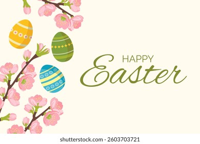 Happy Easter day. Festive background design with colorful eggs, blooming floral plant. Banner and poster.Vector illustration