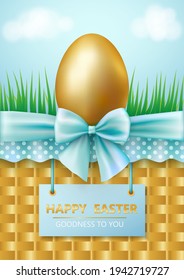 Happy Easter Day festive spring background with realistic gold Easter egg, blue bow and egg hunt basket. Vertical banner template, web poster, flyer, greeting card